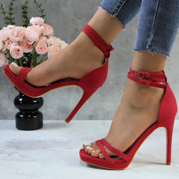 Women's Double Ankle Strap High Heel Sandals Stiletto Platform Dress Shoes - Picture 3 of 5